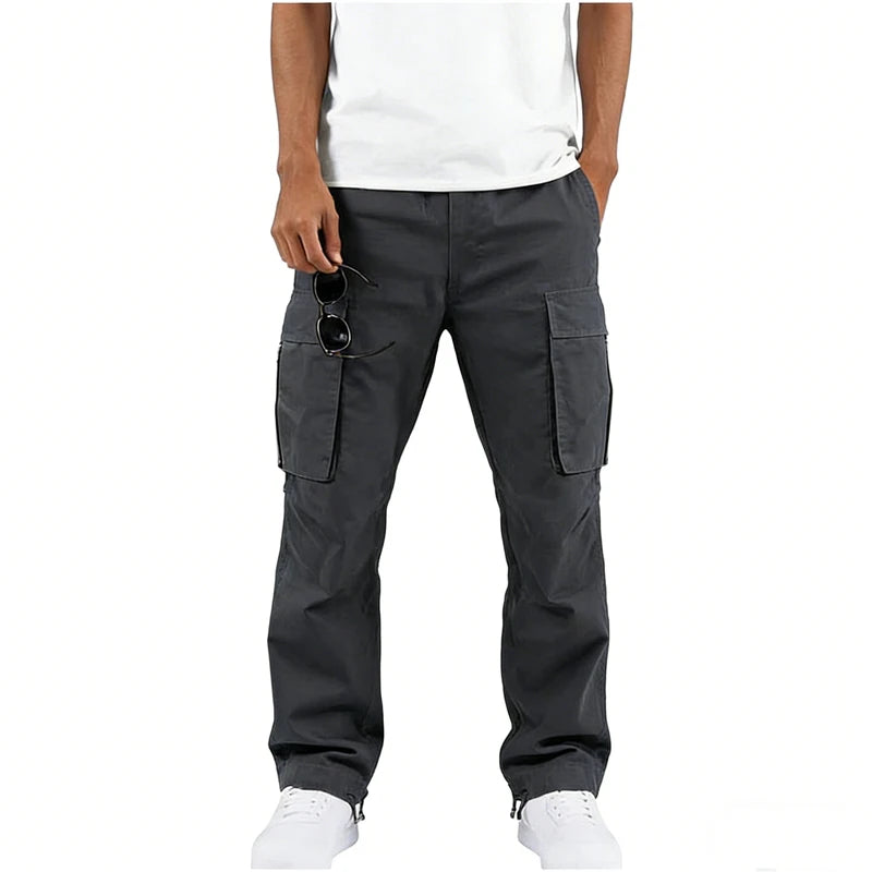 Men's Polyester Woven Cargo Pants Multi Pocket Straight Leg Drawstring Waist Outdoor Workwear Casual Durable Trousers