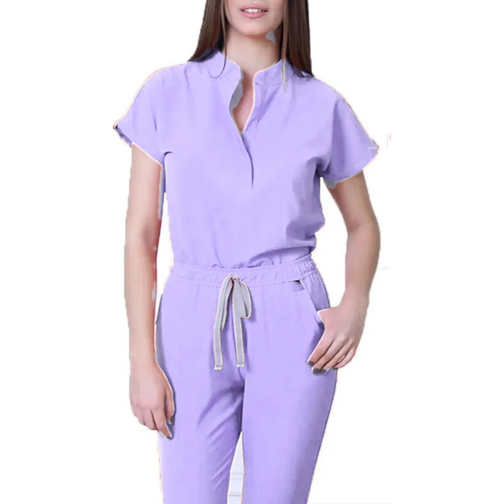 Women's Nurse Jumpsuit Stand Collar Short Sleeve Multi-Color Drawstring Waist Multi-Pocket Medical Uniform Healthcare Workwear