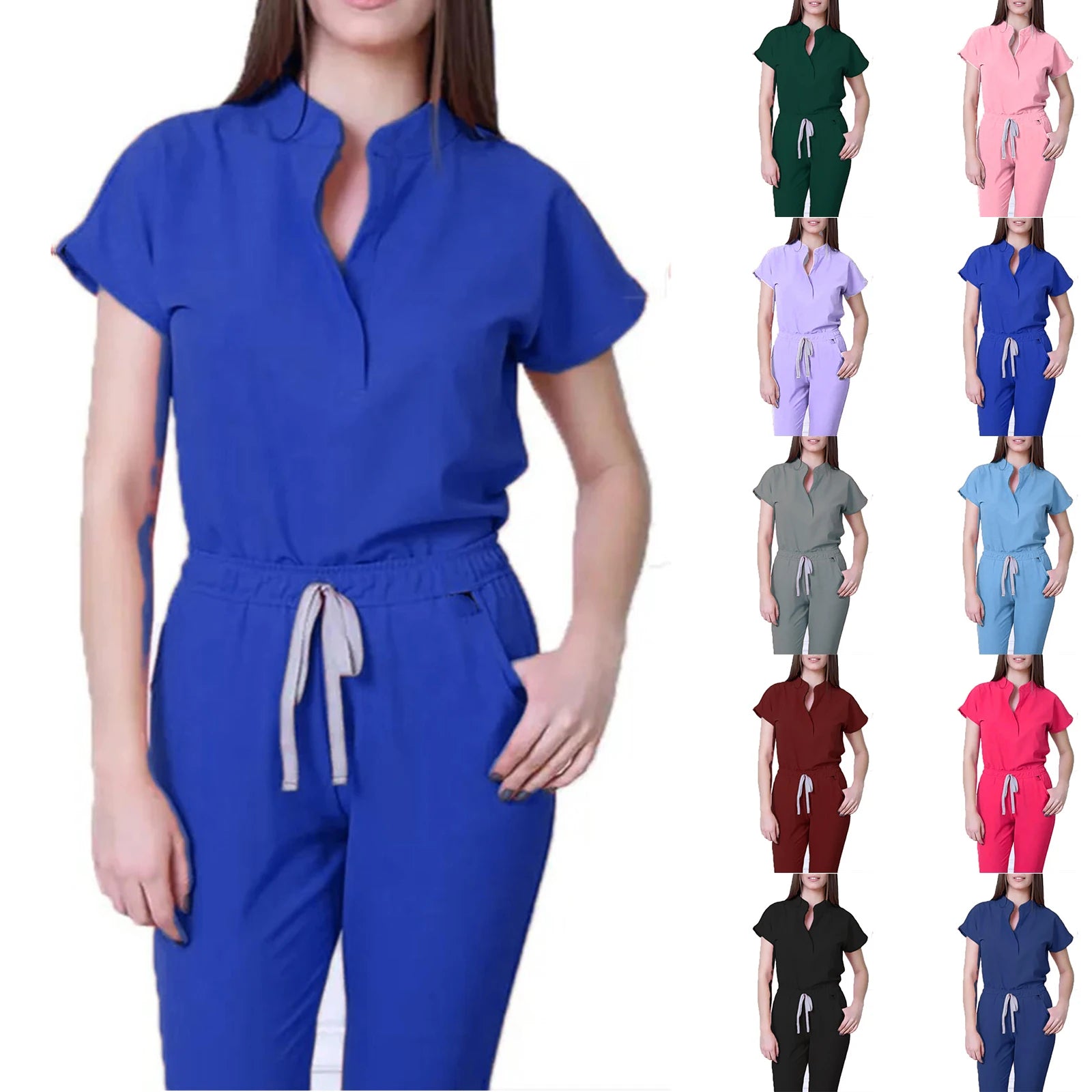Women's Nurse Jumpsuit Stand Collar Short Sleeve Multi-Color Drawstring Waist Multi-Pocket Medical Uniform Healthcare Workwear